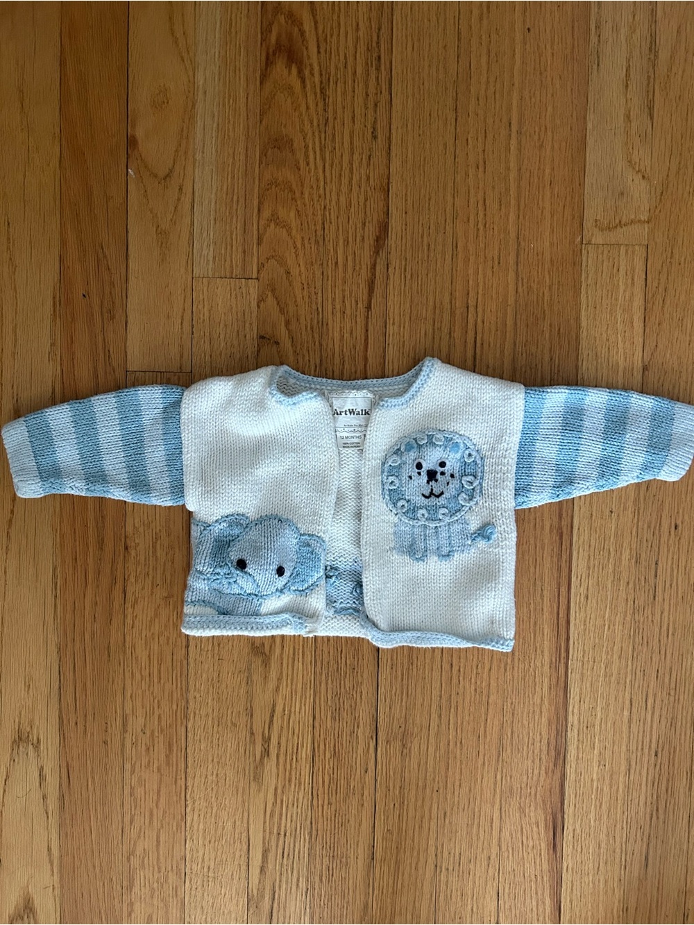 Art walk Blue & White Baby Knit Cardigan with Lion and Elephant